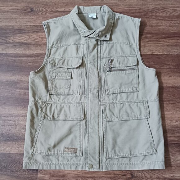Columbia Vest Mens Medium Tan Khaki Cargo Canvas Full Zip Fishing Hiking Safari - Picture 1 of 8